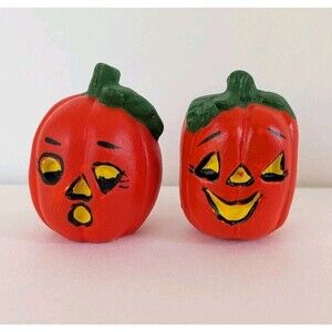 Vtg Handmade Ceramic Retro Halloween Double Sided Faces Jack-o'-lantern Pumpkins